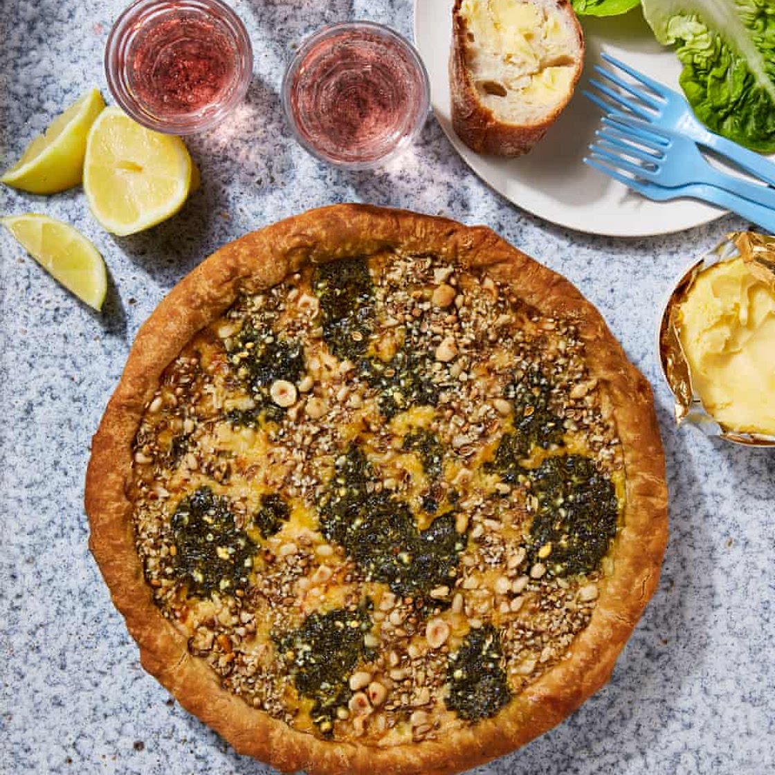 Smoked trout quiche with basil pesto and dukkah