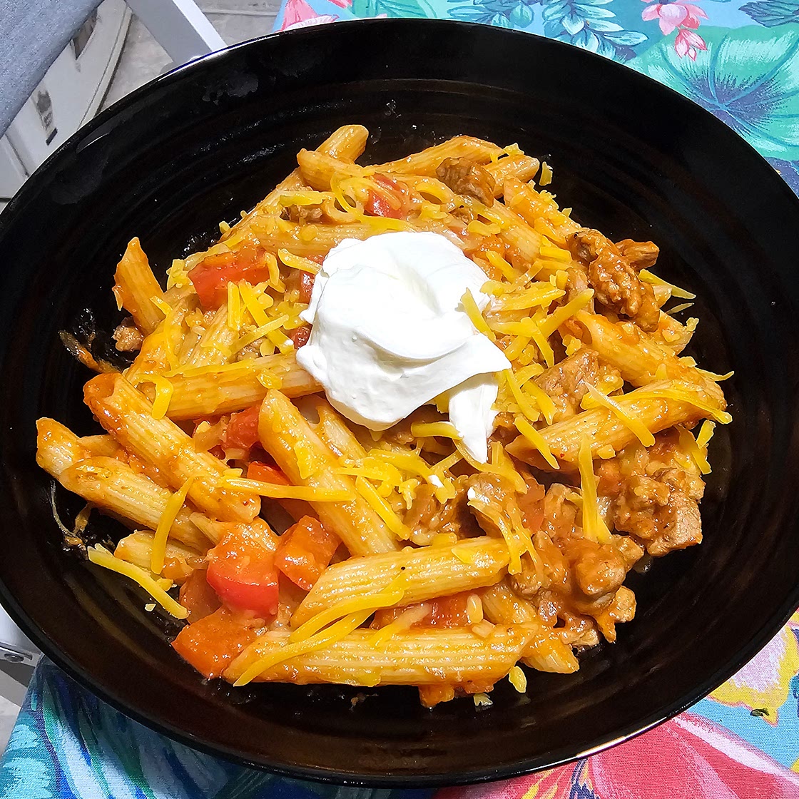 Mexican-style penne with beef and cheddar