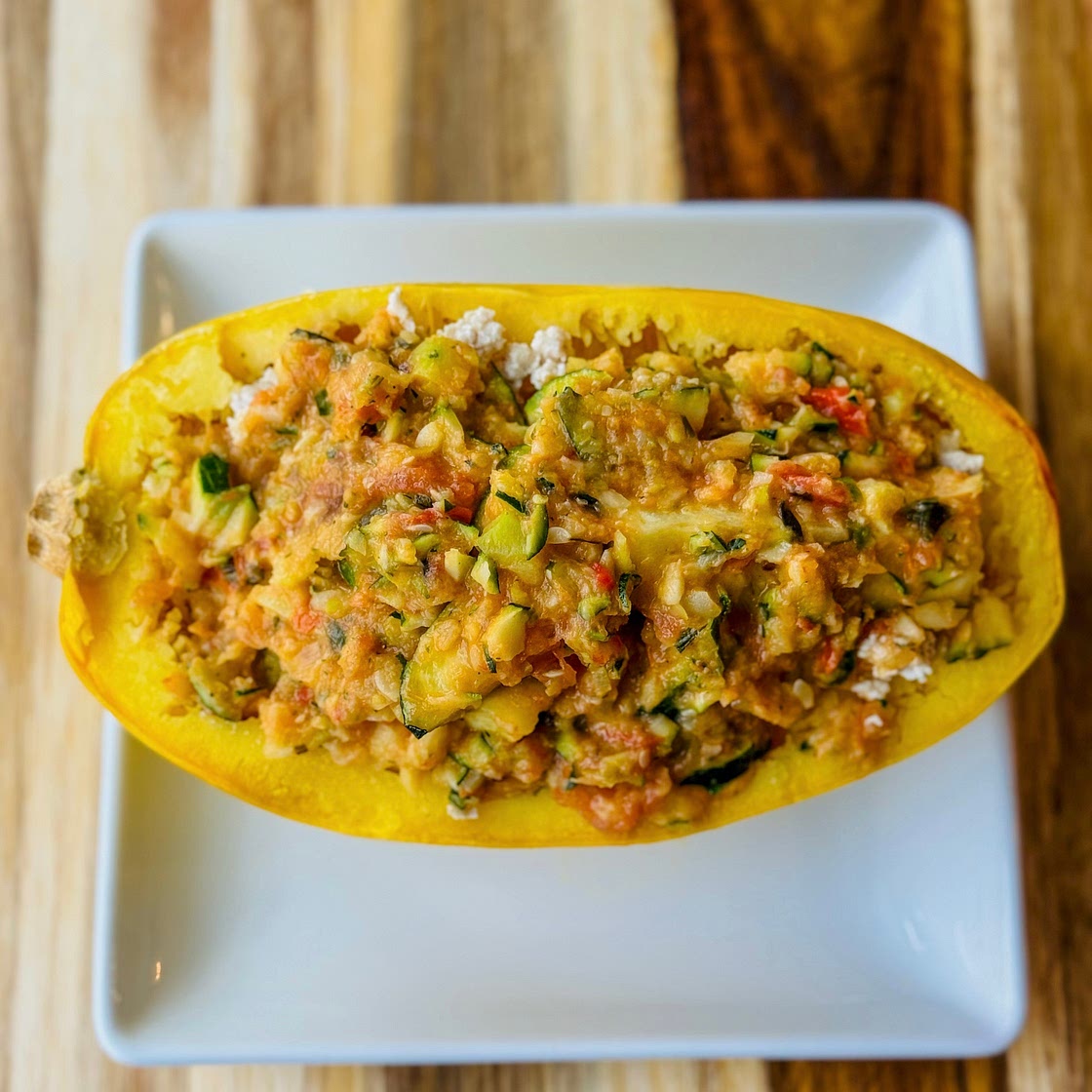Loaded Turkey Spaghetti Squash with Roasted Veggie Sauce