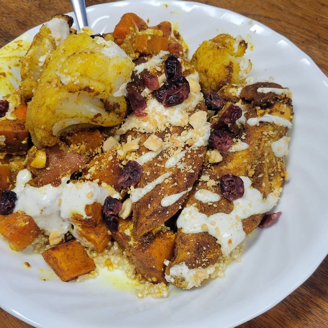 Sheet Pan Moroccan Chicken with Sweet Potatoes & Cauliflower