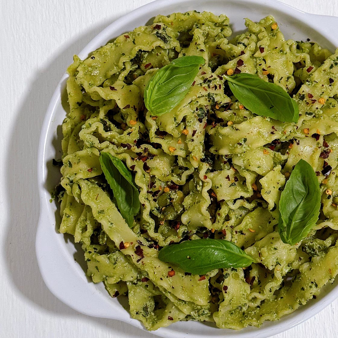 Mafaldine in Basil, Pumpkin Seed and Ricotta Pesto