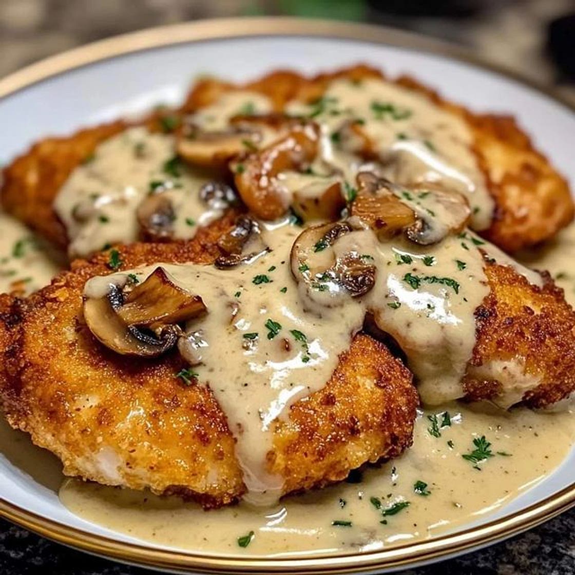 🍄 Golden Crispy Chicken with Parmesan Mushroom Sauce 🍗