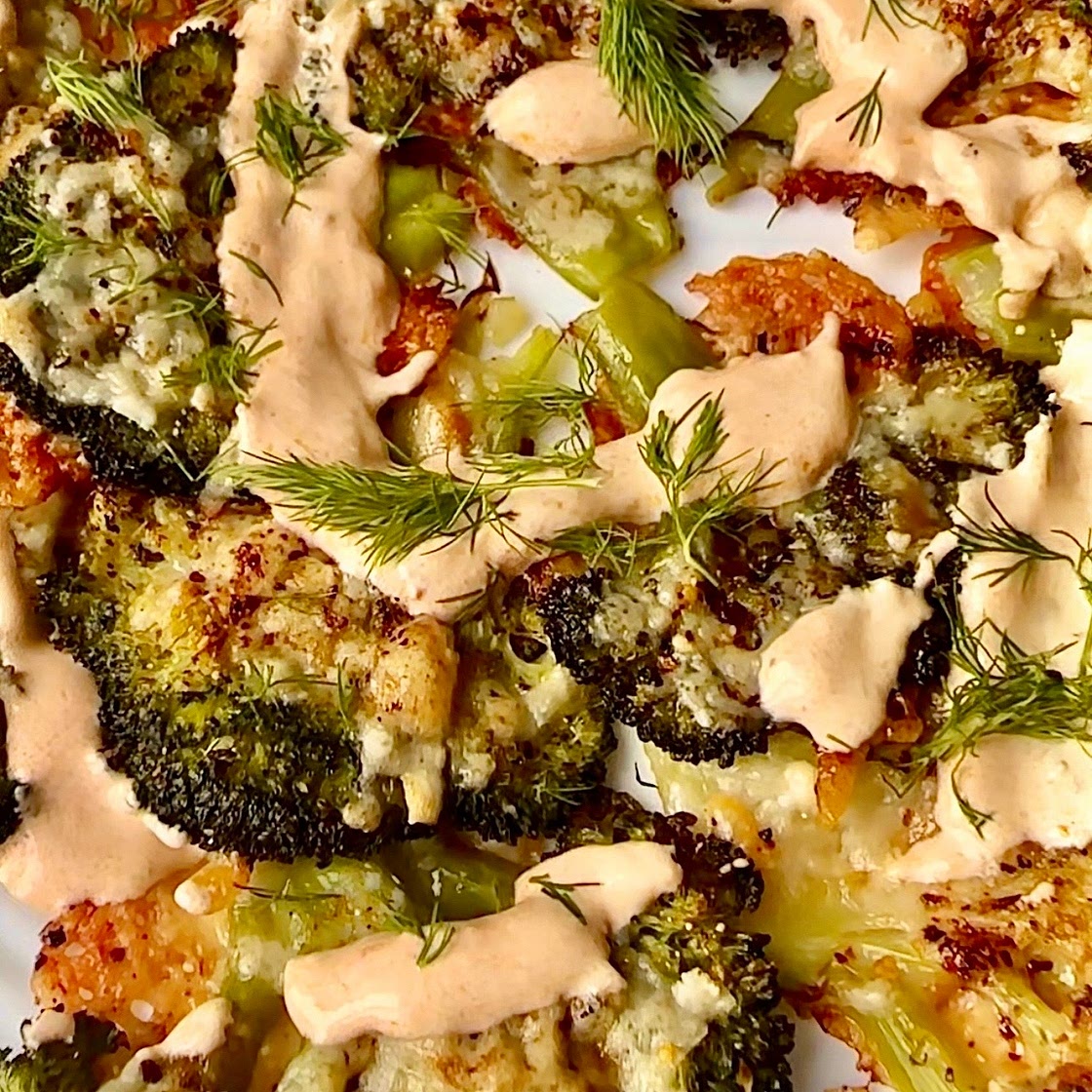 Smashed Parmesan Broccoli with Spicy Harissa Yogurt Dip 