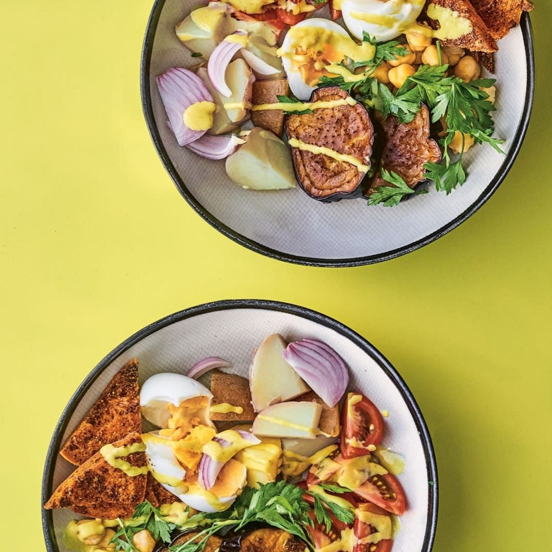 Sabich Fattoush Salad with Tahini-Amba Dressing