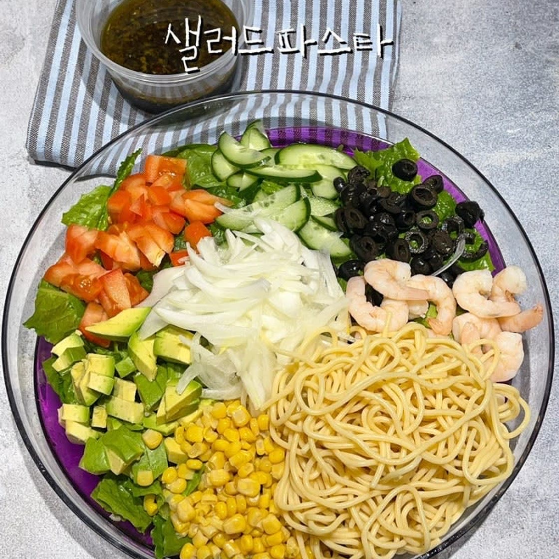 샐러드파스타만들기 쉬림프 샐러드파스타 소스 스파게티면 삶기
