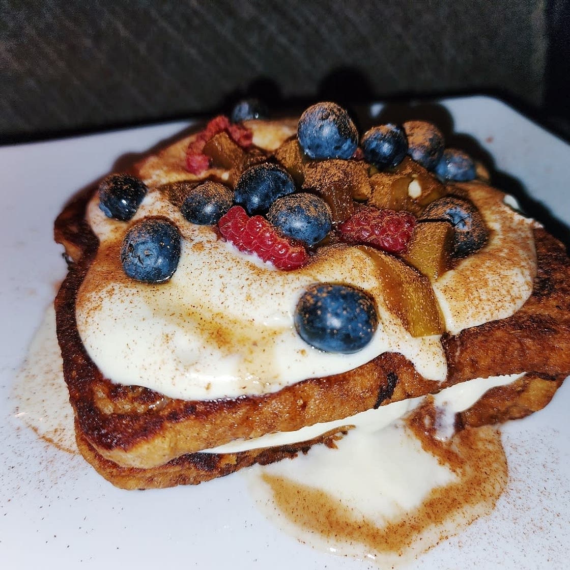 French Toast with Cream, Berries and Caramelised Apple.