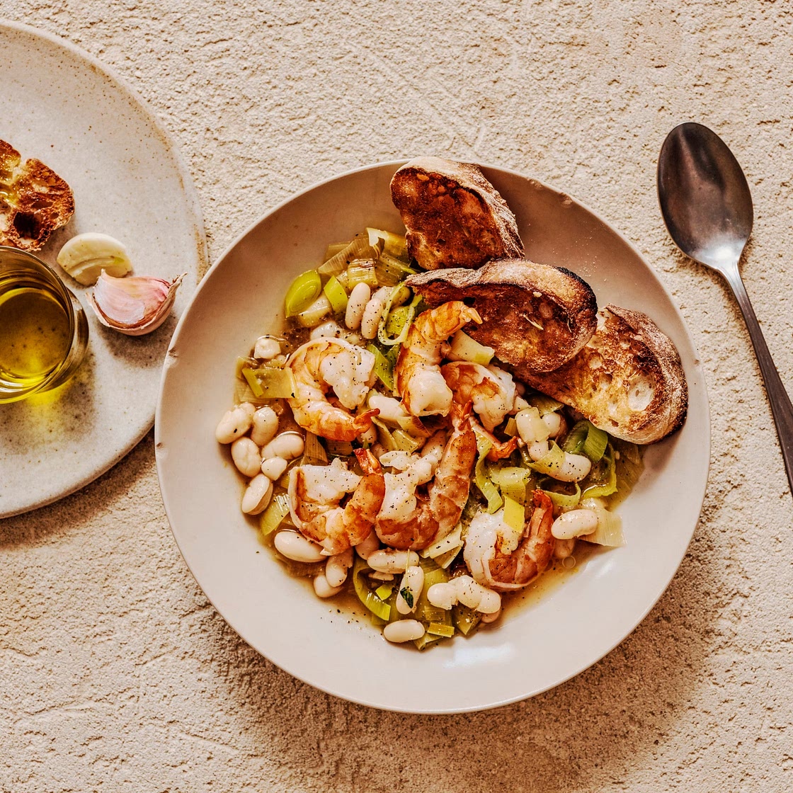 Prawn, leek and bean stew