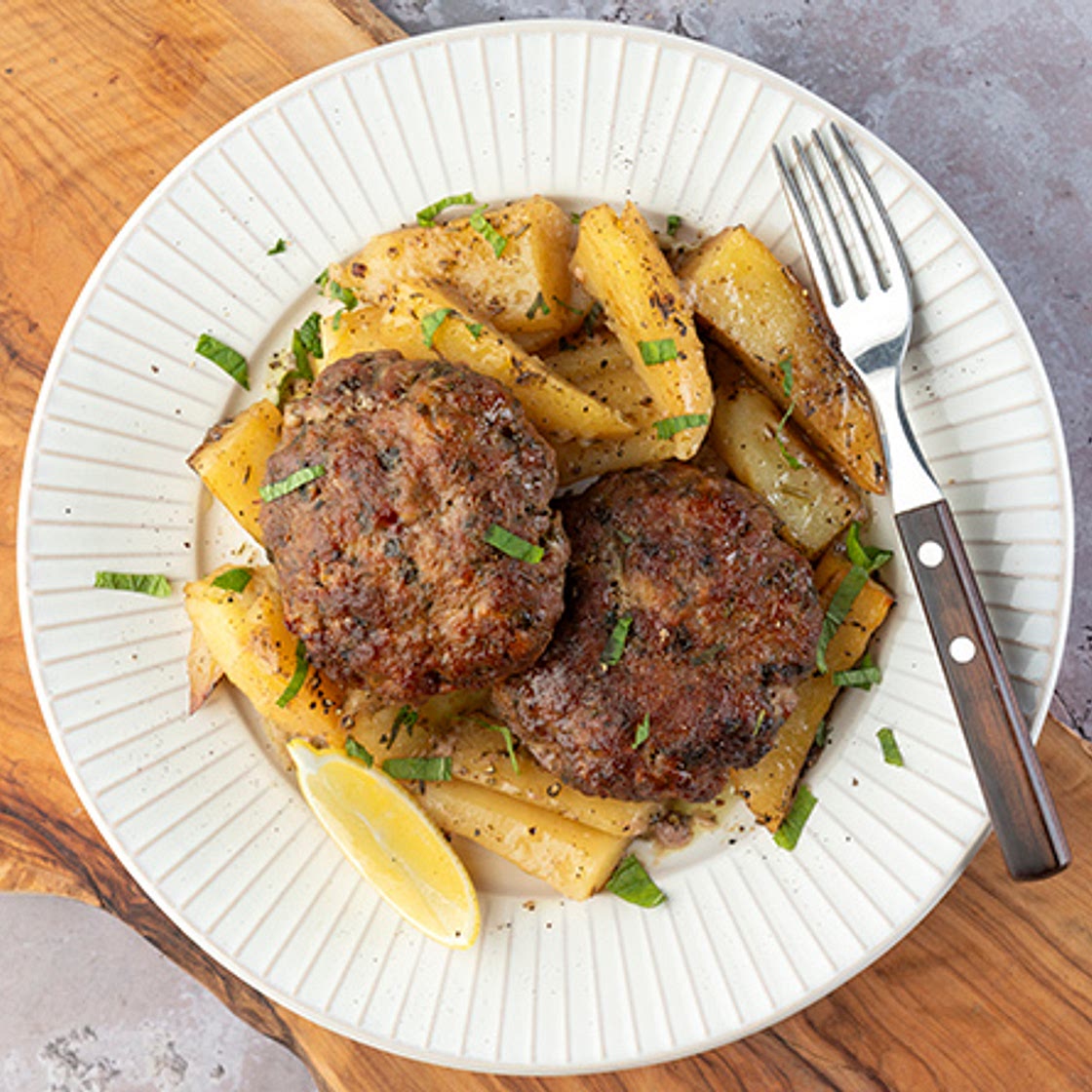 Oven-baked Greek burgers and potatoes