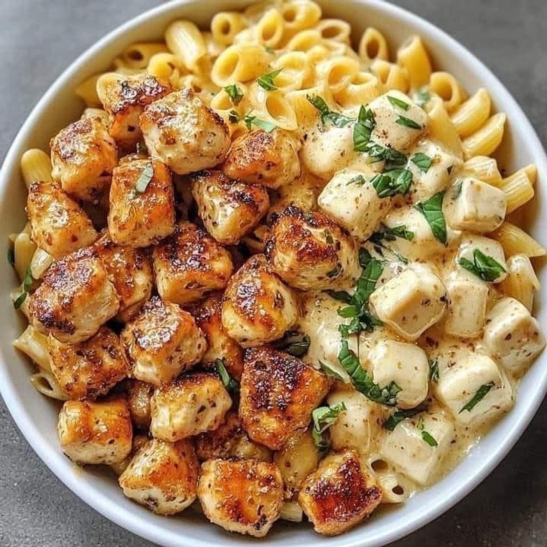 Garlic butter chicken bites with creamy Parmesan pasta 