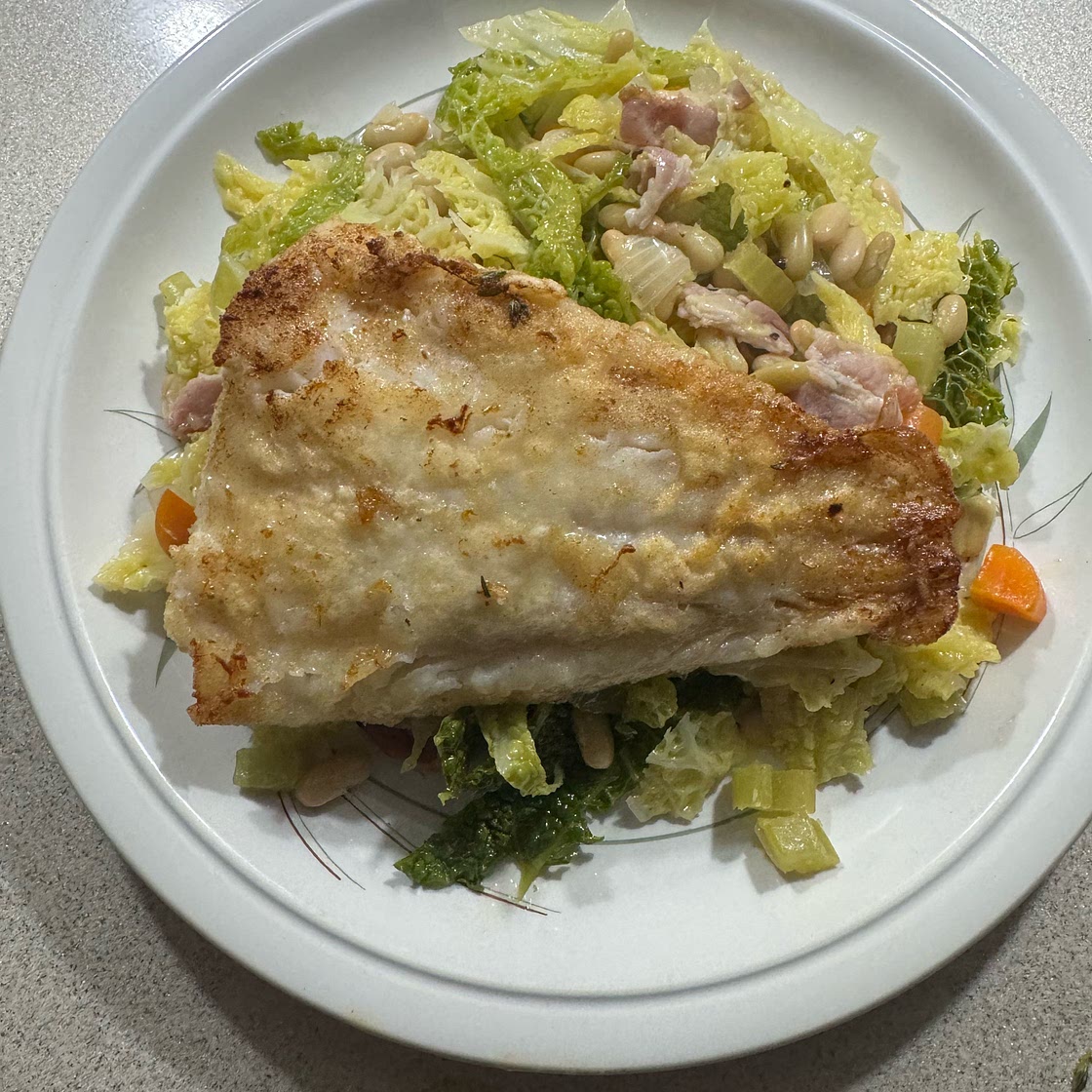 One-pot cabbage & beans with white fish