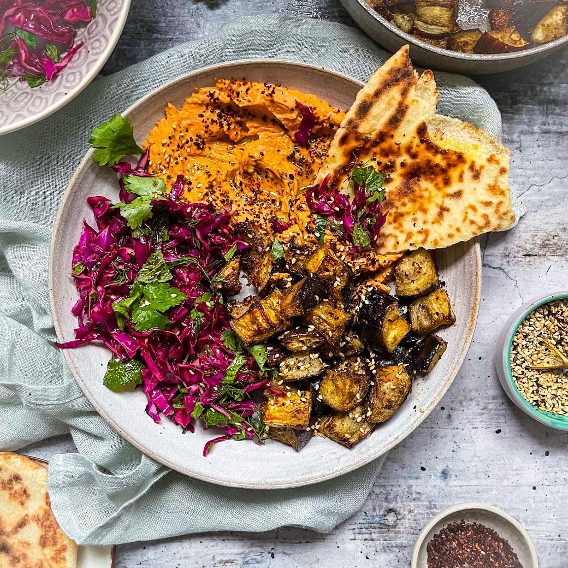 Roast Aubergine & Red Pepper Hummus Bowl - Adre's Kitchen