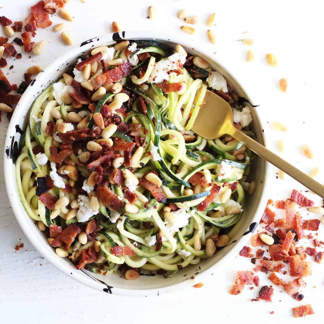 Mustard Bacon Goat Cheese Zoodles