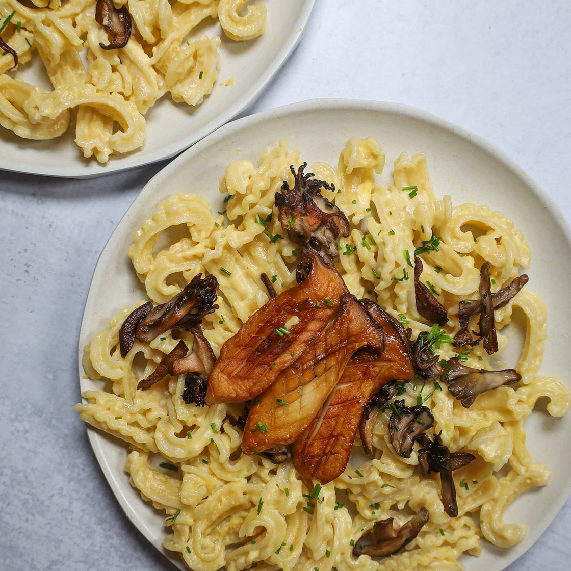 Creamy Corn Pasta with Seared Mushrooms and Chives