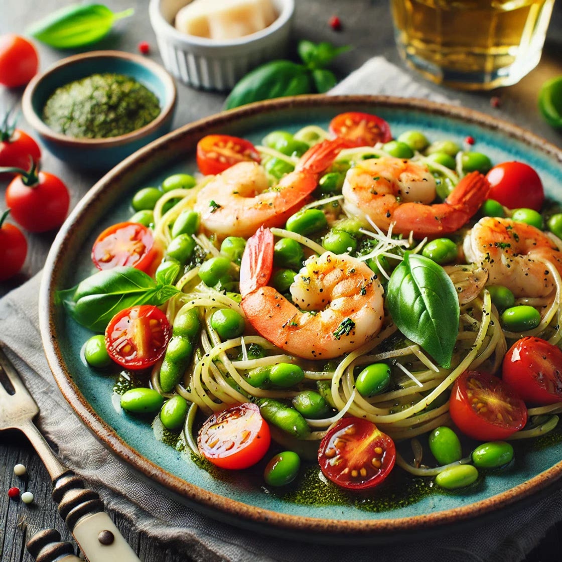 Spaghettis crevettes pesto