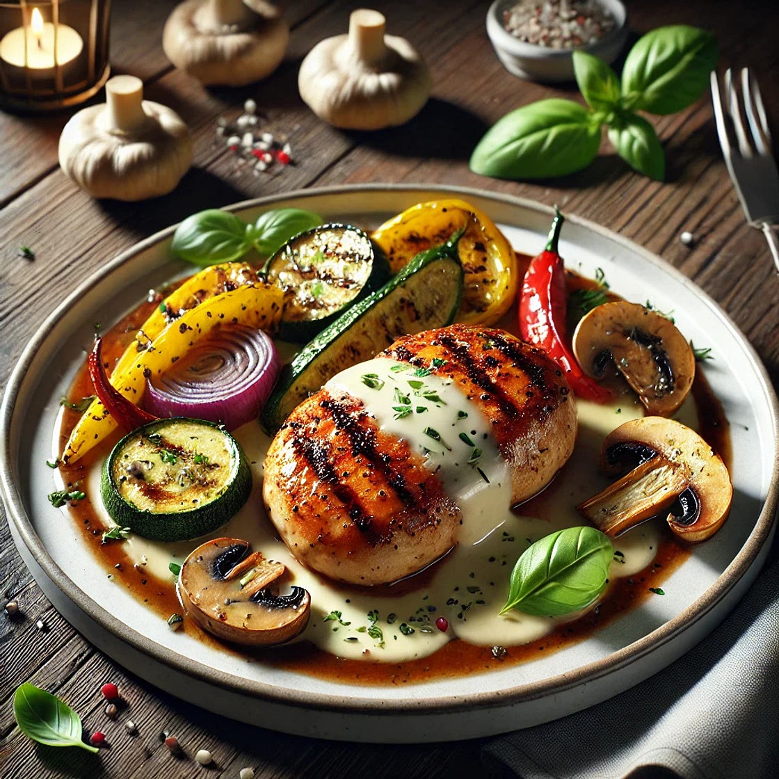 Hähnchenbrust mit Balsamico-Glasur und Ofengemüse mit Parmesansauce