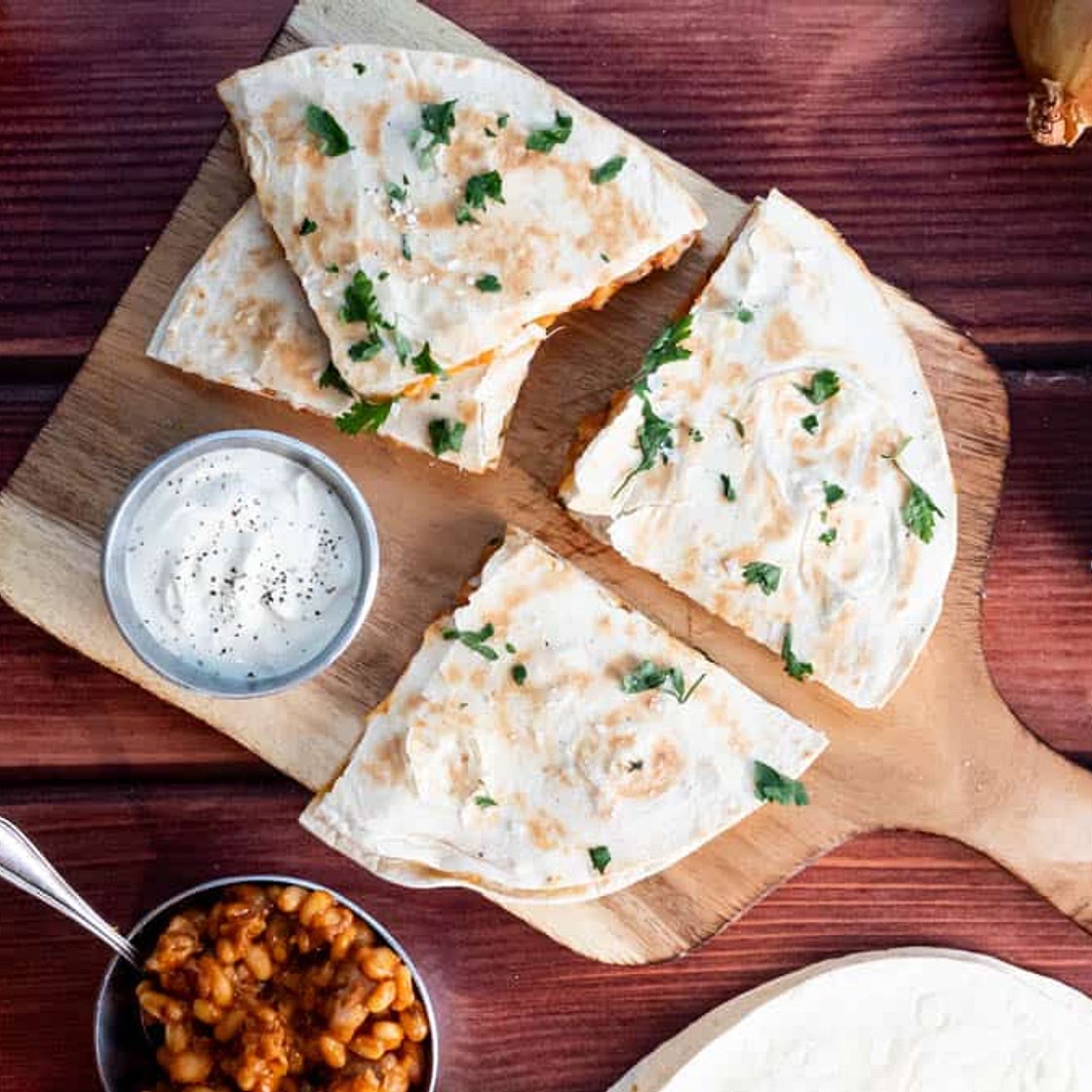 Cheesy Baked Bean Quesadillas With Sausages