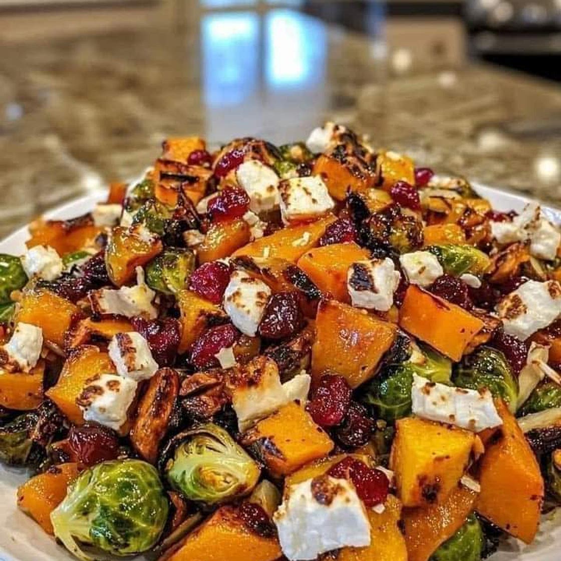 Cranberry-Glazed Roasted Butternut Squash, Brussels Sprouts, and Sweet Potatoes