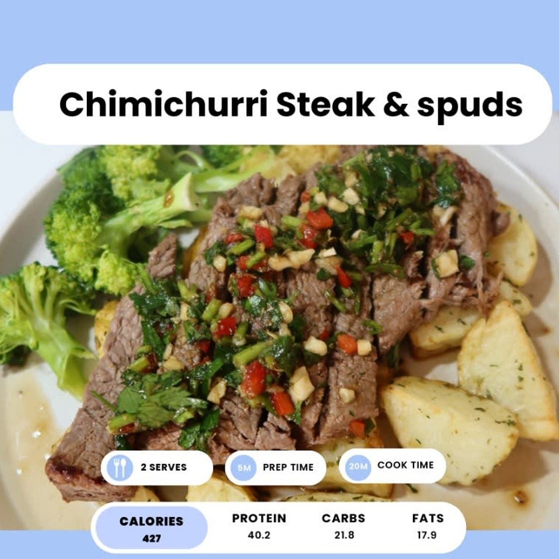 Chimichurri steak and spuds 446 cal * steak 39g protein