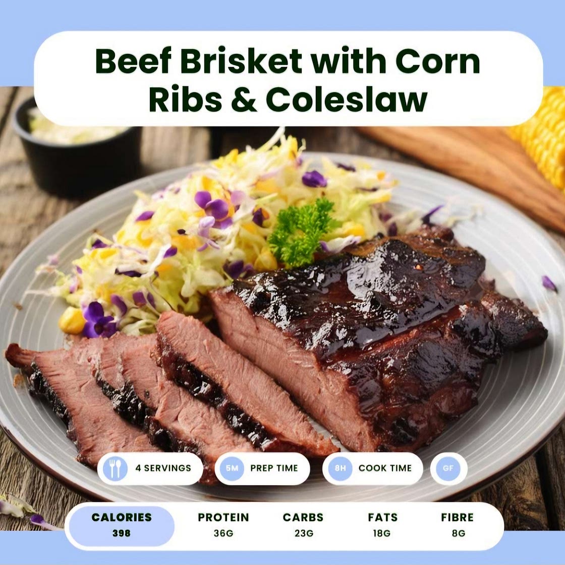 Beef brisket with corn ribs and coleslaw 364 cal high protein *