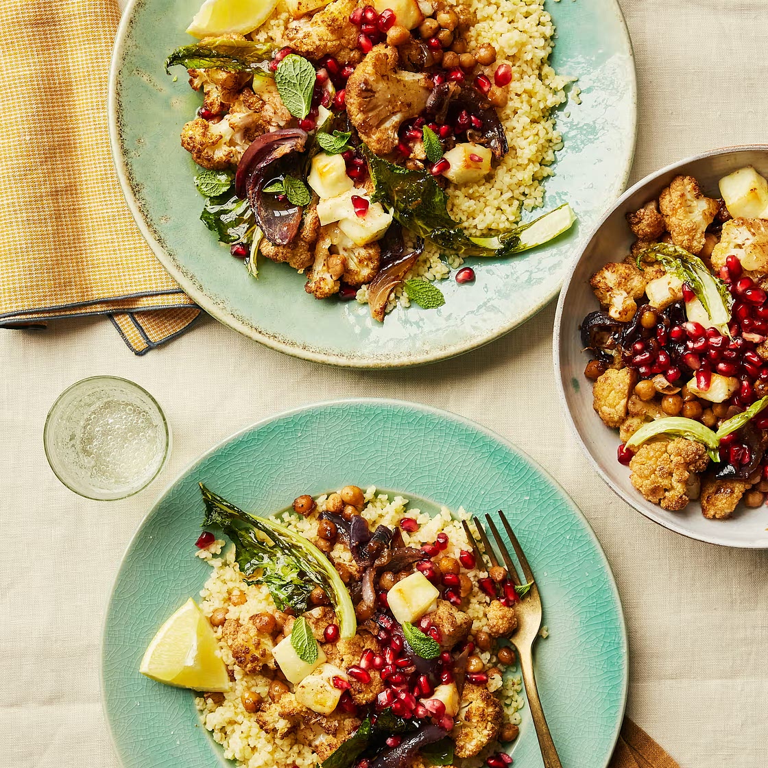 Spiced roasted cauliflower with chickpeas, halloumi and lemony bulgur