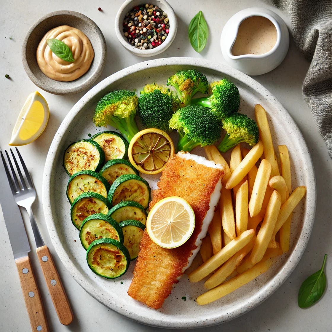 Air Fried Fish and Chips with Roasted Vegs