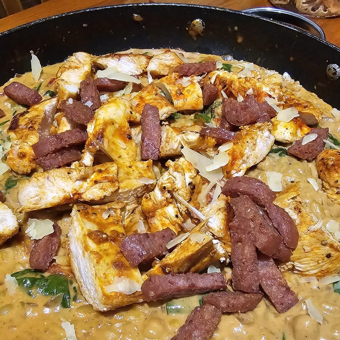 One pot chicken risoni with crispy salami (orzo)