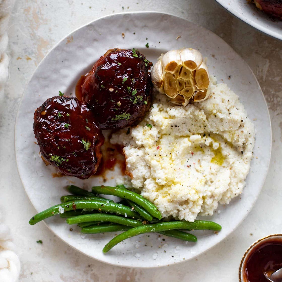 Mini Turkey Meatloaves with Roasted Garlic Cauliflower Mash