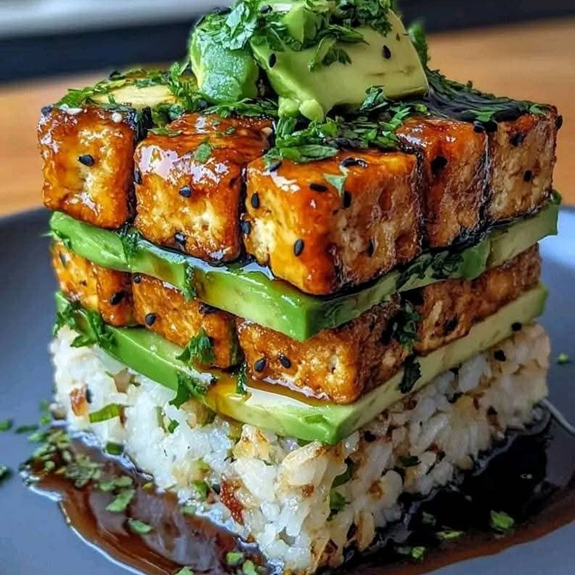 Crispy Teriyaki Tofu and Avocado Rice Stack