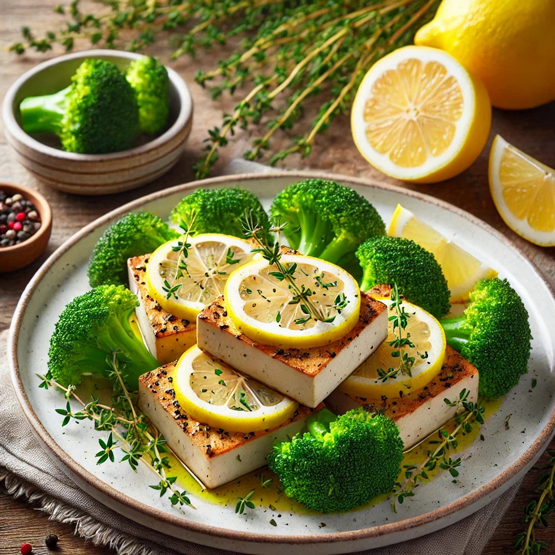 Lemon Herb Tofu Steaks with Steamed Broccoli