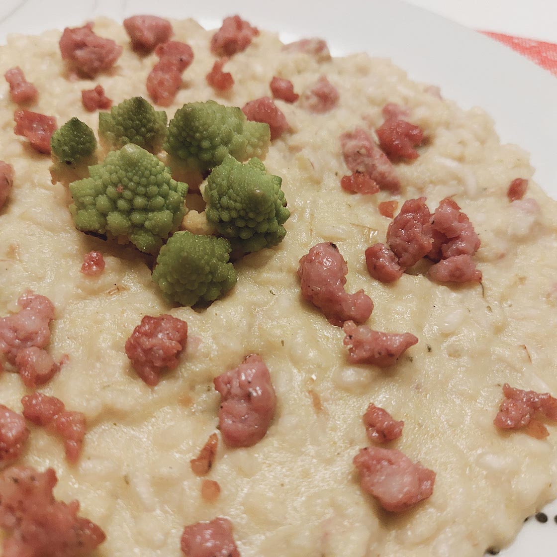 Risotto - Romanesco broccoli cream and crispy Italian sausage
