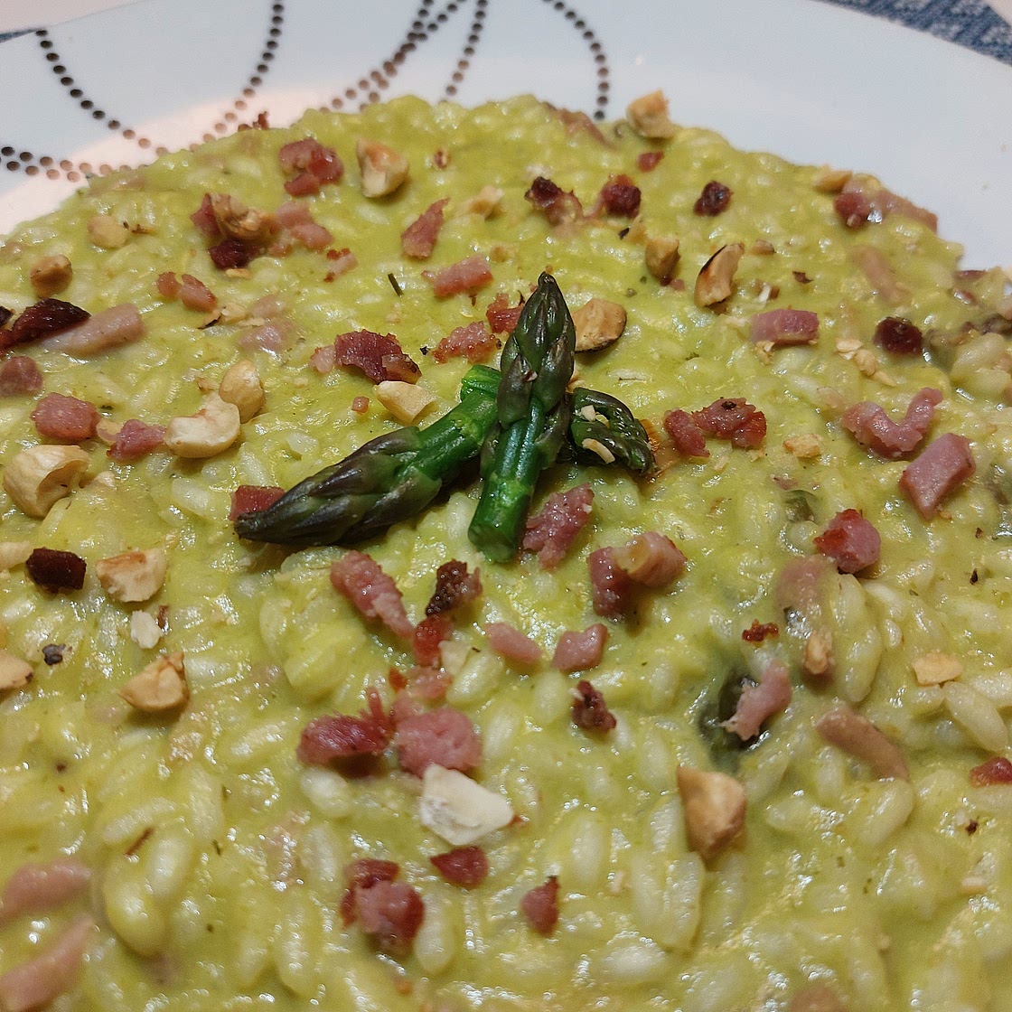Risotto - Asparagus cream, Italian sausage, and hazelnuts