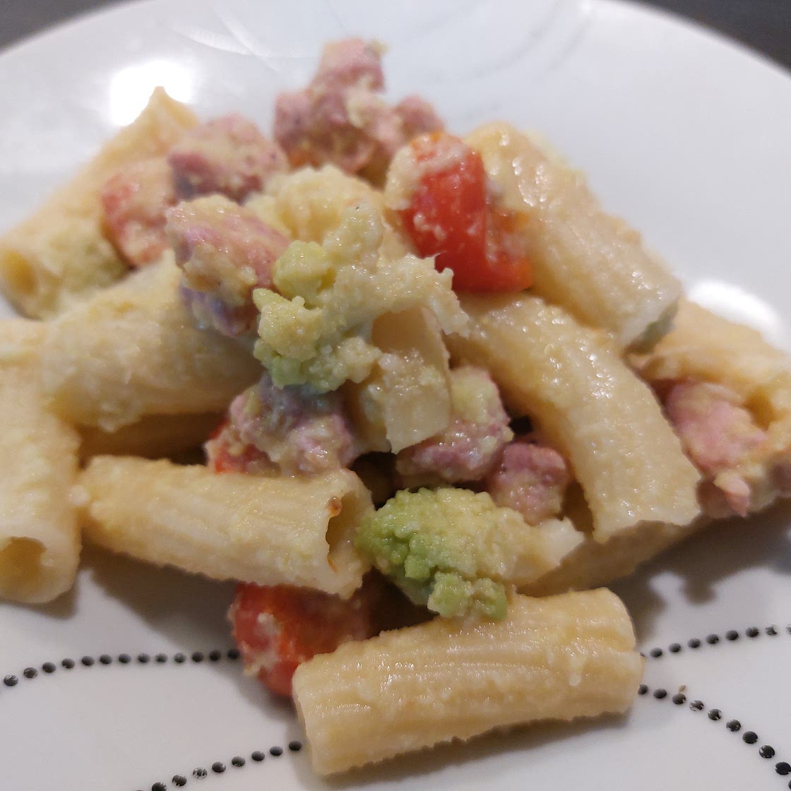 Pasta - Romanesco broccoli, italian sausage and cherry tomatoes.