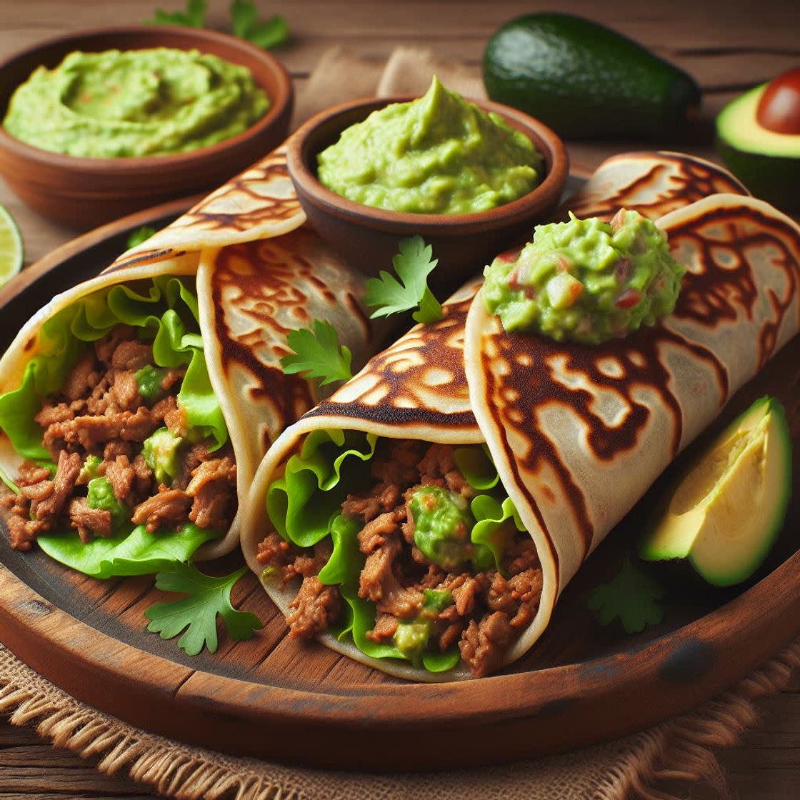 Tortitas de trigo con carne picada, guacamole y lechuga