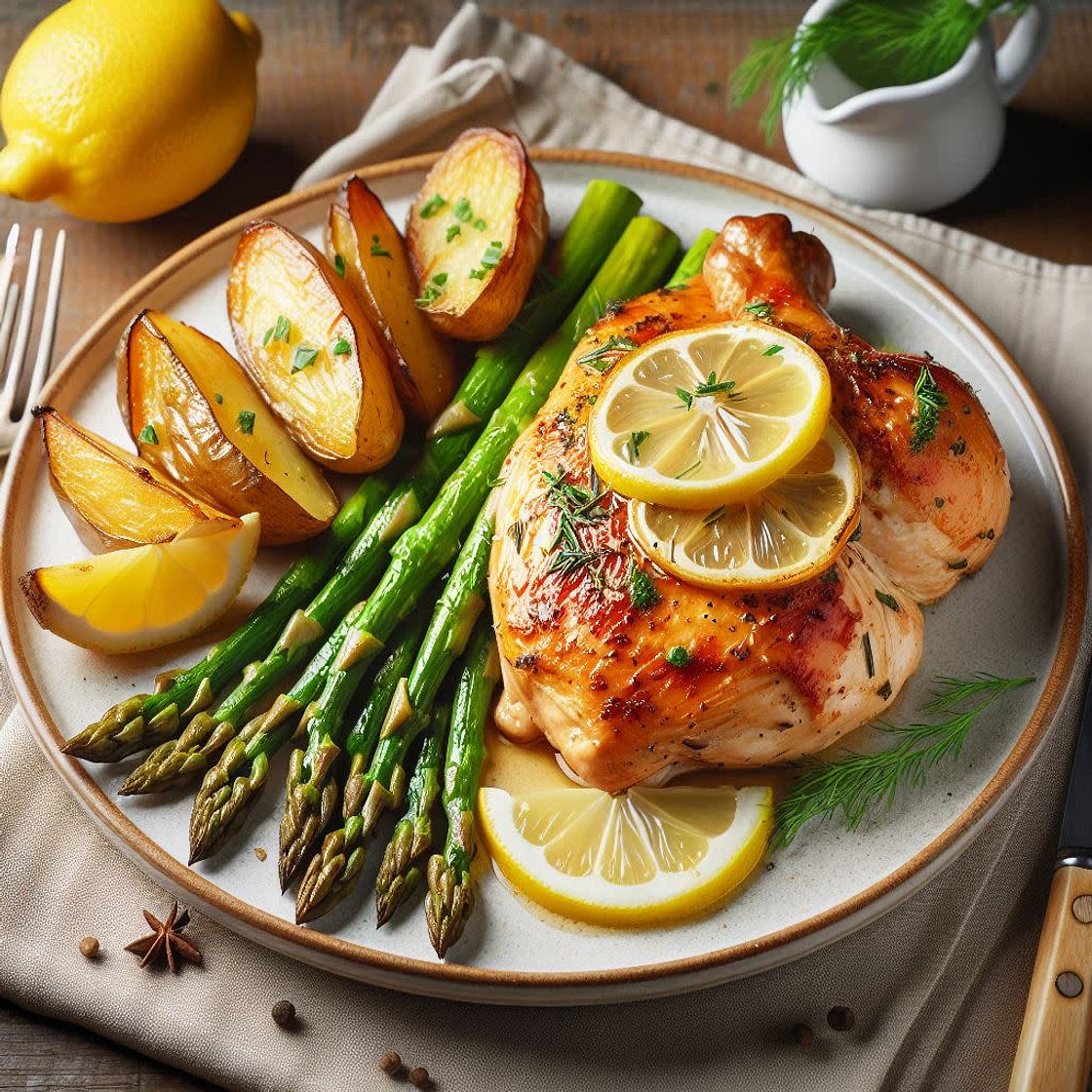 Pechuga de pollo al limón con espárragos y patata al horno