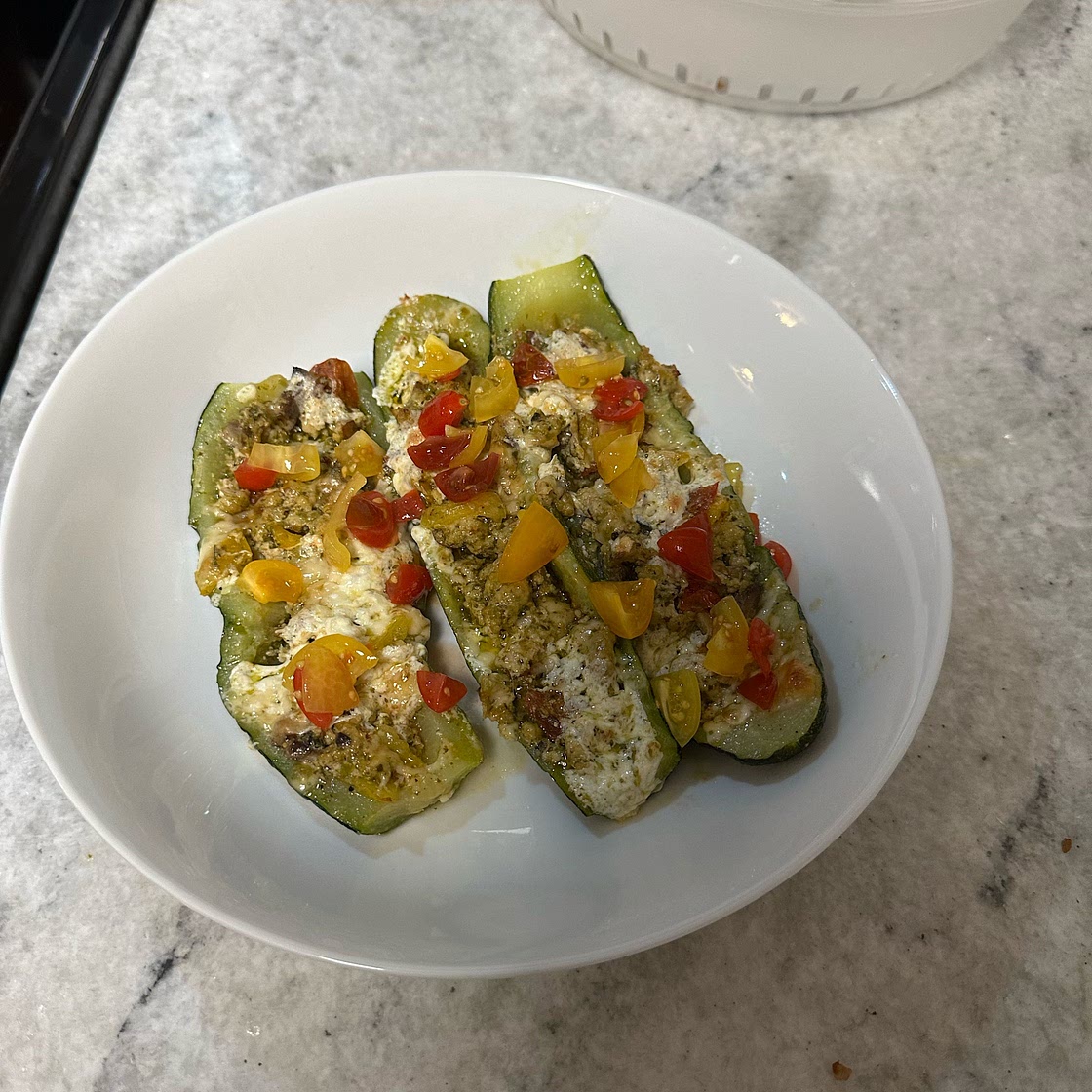 Pesto Chicken Stuffed Zucchini Boats