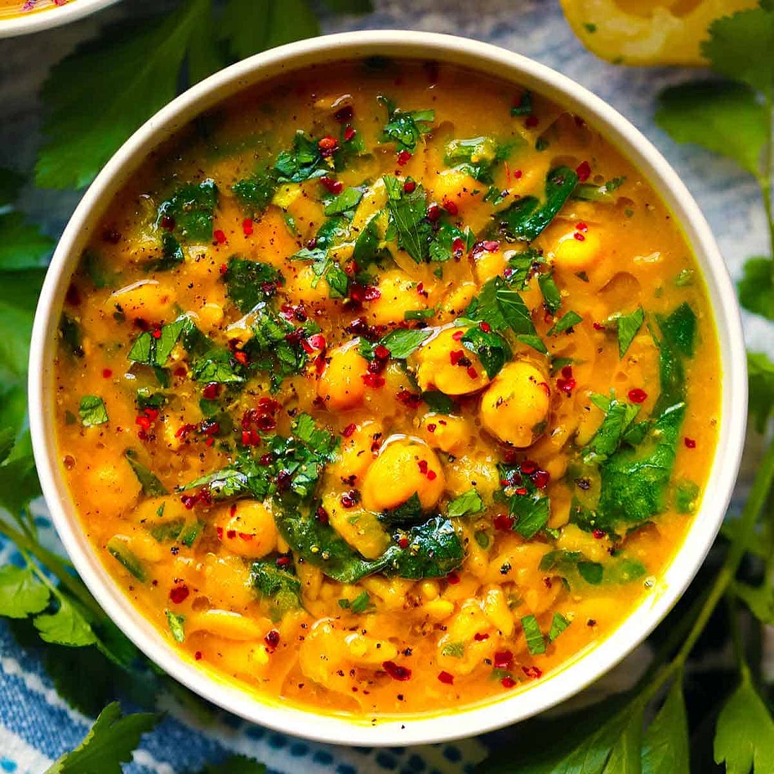 Turmeric Soup with Chickpeas, Orzo, and Spinach