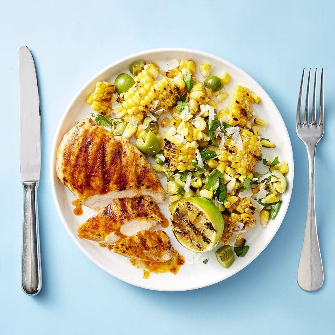 Grilled chicken with smoky corn