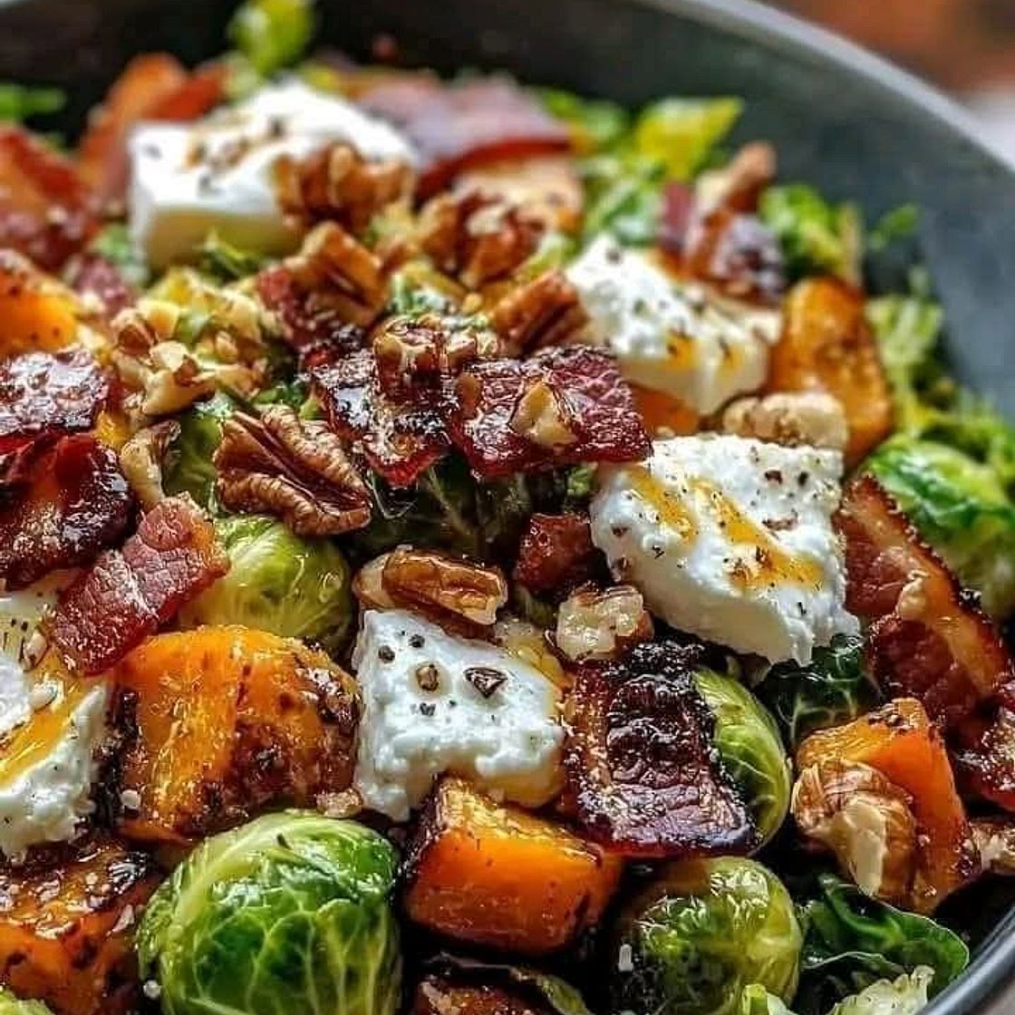 Maple-Glazed Brussels Sprouts and Butternut Squash Salad with Bacon, Walnuts, and Feta