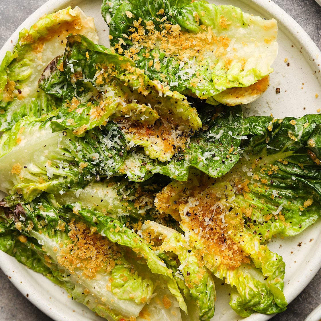 Little Gems Caesar with Challah Bread Crumbs and Black Sesame