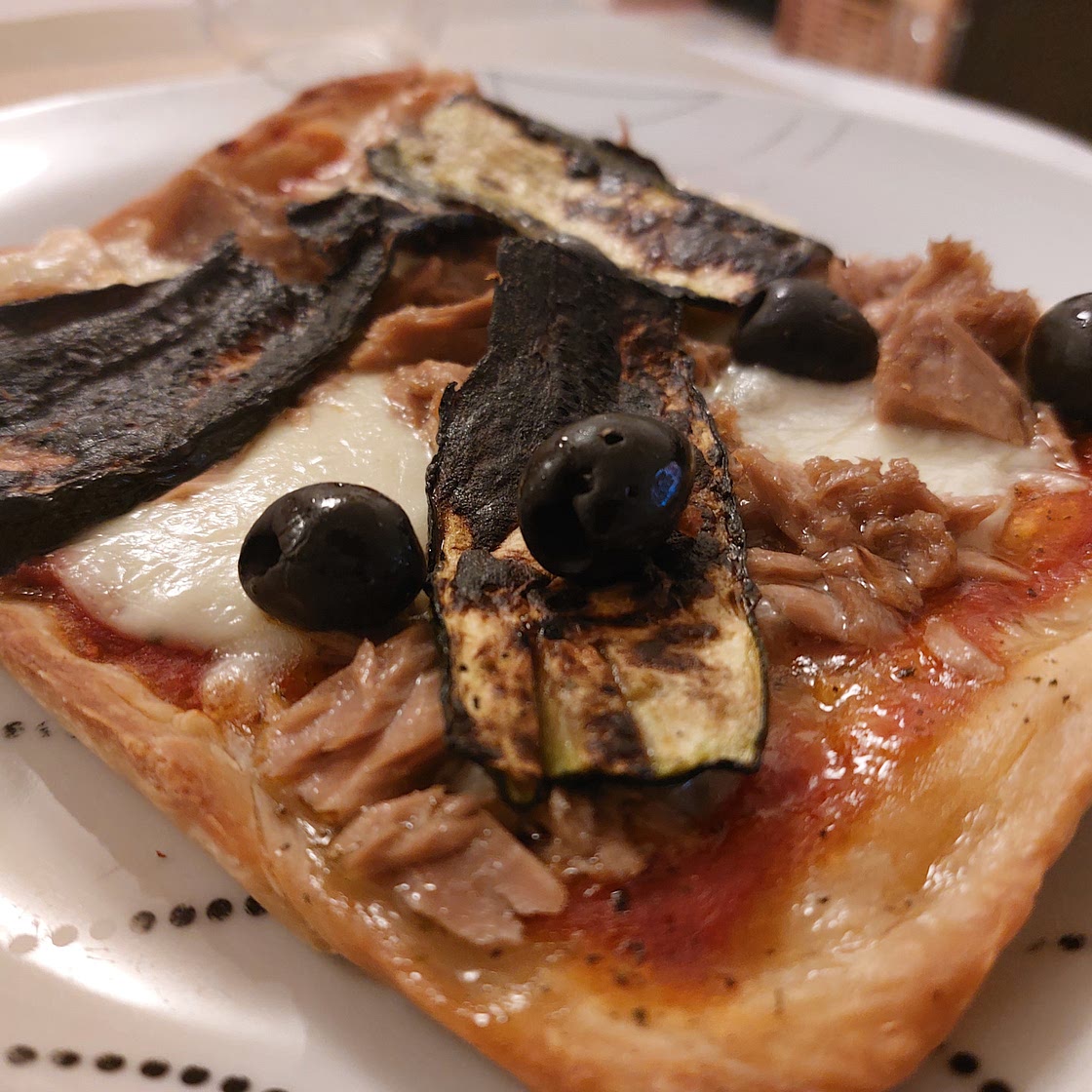 Pizza - Olives, tuna, and grilled zucchini