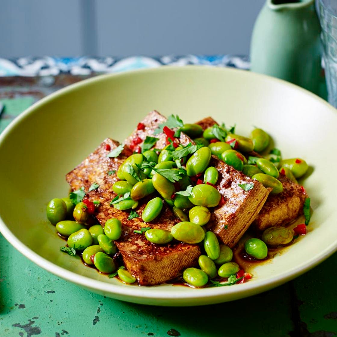 Spicy tofu and edamame beans