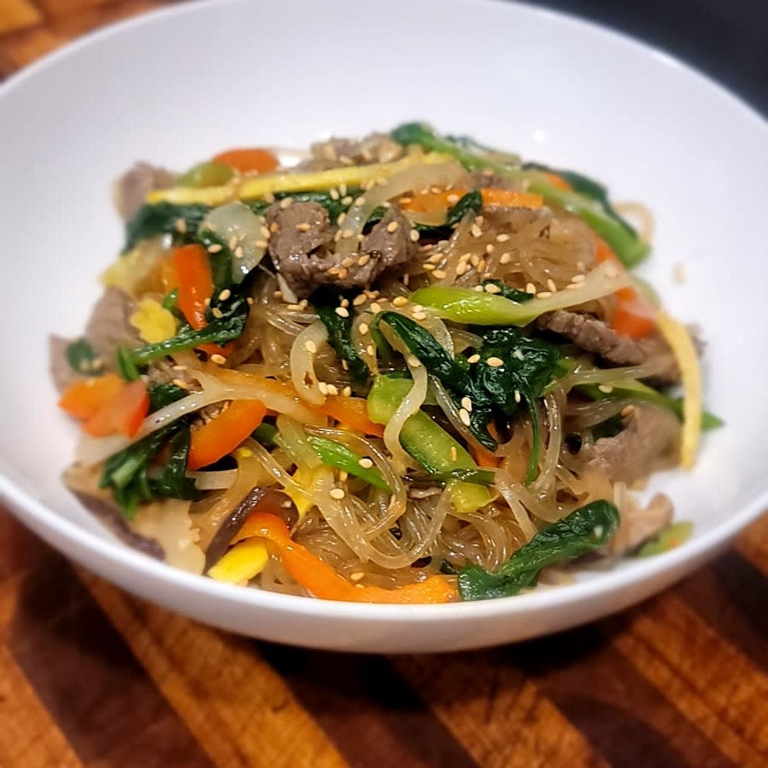 Japchae (Sweet potato starch noodles stir fried with vegetables)