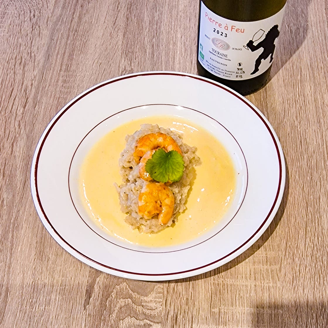Risotto crevettes, émulsion lait de coco citron vert