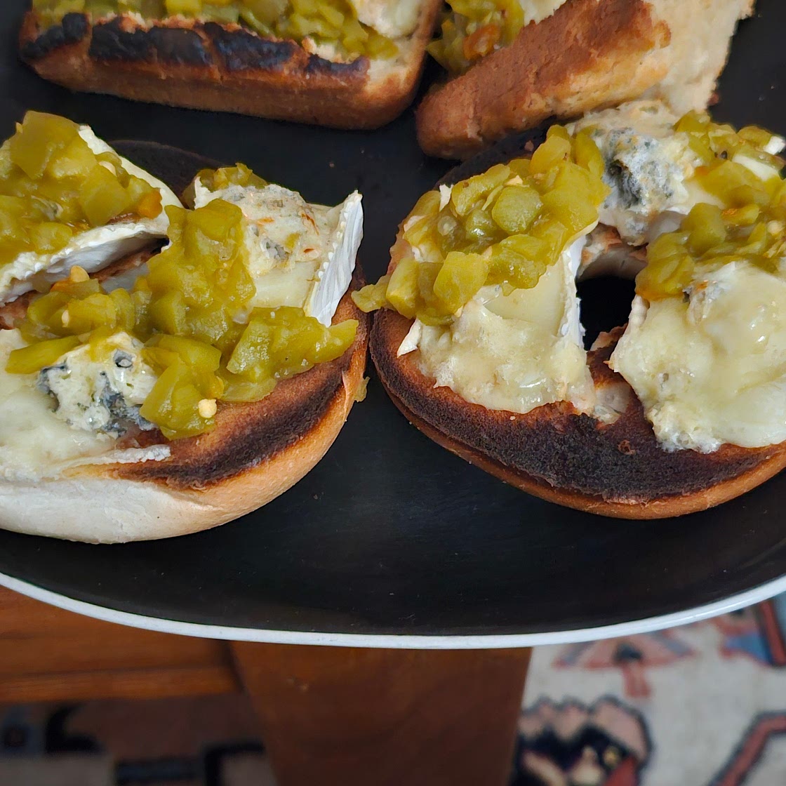 Warm brie and gorgozola green chile