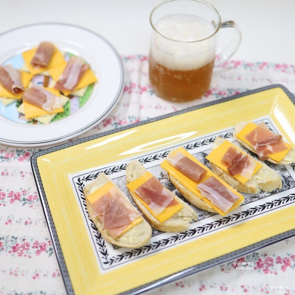 핑거푸드 만들기 바게트빵 오픈 샌드위치 슬라이스햄 요리