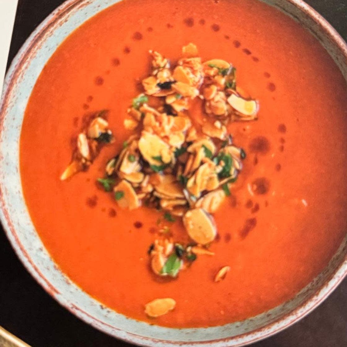 Roasted eggplant, red bell pepper, and tomato soup