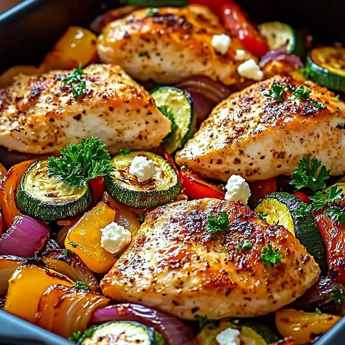 Hähnchen mit Paprika, Zucchini, Zwiebeln und Feta im Ofen