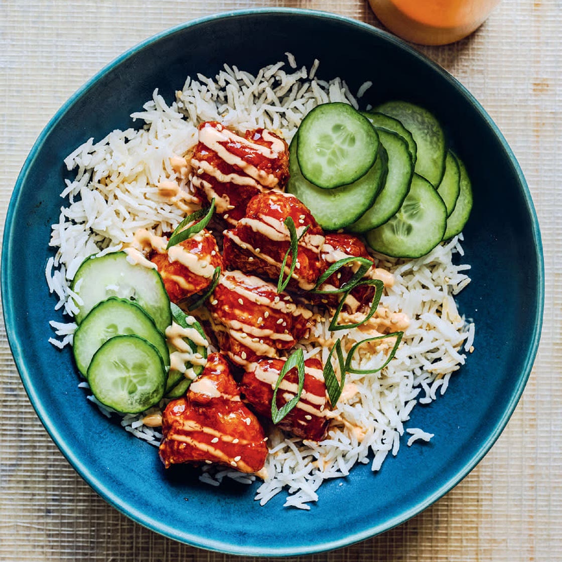 Sticky Korean Popcorn Chicken Rice Bowl