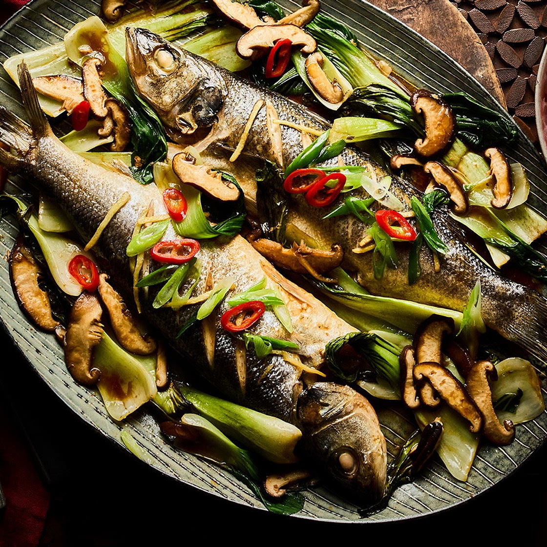 Sea bass with shiitake, ginger and pak choi