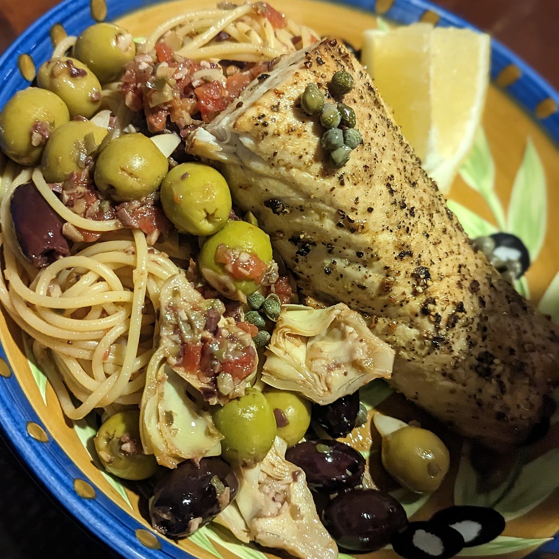 Lemon Pepper Yellowtail with Olive & Caper Cavatappi